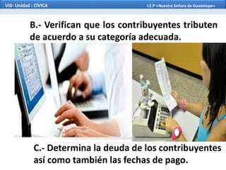 B.- Verifican que los contribuyentes tributen
de acuerdo a su categoría adecuada.
C.- Determina la deuda de los contribuyentes
así como también las fechas de pago.
VIII- Unidad : CÍVICA I.E.P «Nuestra Señora de Guadalupe»