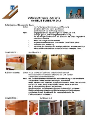 SUNBEAM NEWS- Juni 2016
die NEUE SUNBEAM 36.2
Salontisch und Stauraum im Salon:
Bisher: mit Rundungen und durchgehender Maserung
Die Salon-Schränke waren geschlossen
Der Salontisch war mehreckig, klappbar.
NEU: angepasst an das neue Design der SUNBEAM 40.1.
Design: gerade, mit durchgehender Maserung.
An der Hauptschott werden die Schränke BB und STB geöffnet.
Der offene Bereich
- kann als Ablage benützt werden
- ergibt einen sehr offenen und breiten Eindruck im Salon
- Salontisch ist rechteckig
- die Füße des Salontisches wurden verändert, sodass man sich
zwischen Maststütze und Tischfuß einfach bewegen kann.
SUNBEAM 36.1: SUNBEAM 36.2
Kleider Schränke: Bisher: im VS und AS: die Schränke sind am Rumpf laminiert
Deshalb waren die Rückseiten offen und das GFK sichtbar.
Schränke mit fixem Innen Schrank.
NEU: Die Kleiderschränke sind mit einer Holzverkleidung an der Rückseite
ausgestattet. Diese Holzverkleidung ist abnehmbar.
Daher ist der Raum zwischen Rumpf und Schrank, hinter dem Schrank,
einfach für einen Service der Schläuche und Kabel erreichbar.
Die Schänke sind am Rumpf verlaminiert.
Das Raumklima im Schrank wird dadurch wesentlich verbessert.
Kleiderschränke wahlweise mit Fächern oder mit Kleiderstange
ausrüstbar. Durch den Wegfall der Innenschränke ist die
Platzausnutzung verbessert.
SUNBEAM 36.1: SUNBEAM 36.2
 