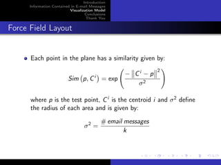 Introduction
      Information Contained in E-mail Messages
                           Visualization Model
                                    Conclusions
                                    Thank You


Force Field Layout


      Each point in the plane has a similarity given by:
                                                                2
                                         i           − Ci − p
                          Sim p, C           = exp
                                                        σ2

      where p is the test point, C i is the centroid i and σ 2 deﬁne
      the radius of each area and is given by:

                                             # email messages
                                   σ2 =
                                                     k
 