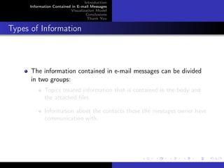 Introduction
      Information Contained in E-mail Messages
                           Visualization Model
                                    Conclusions
                                    Thank You


Types of Information



      The information contained in e-mail messages can be divided
      in two groups:
             Topics treated information that is contained in the body and
             the attached ﬁles.

             Information about the contacts those the messages owner have
             communication with.
 
