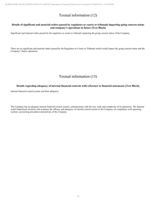 24
SUNBOURNE DEVELOPERS PRIVATE LIMITED Standalone Financial Statements for period 01/04/2019 to 31/03/2020
Textual information (12)
Details of significant and material orders passed by regulators or courts or tribunals impacting going concern status
and company’s operations in future [Text Block]
Significant and material orders passed by the regulators or courts or tribunals impacting the going concern status of the Company:
There are no significant and material orders passed by the Regulators or Courts or Tribunals which would impact the going concern status and the
Company’s future operations.
Textual information (13)
Details regarding adequacy of internal financial controls with reference to financial statements [Text Block]
Internal financial control system and their adequacy:
The Company has an adequate internal financial control system, commensurate with the size, scale and complexity of its operations. The Internal
Audit Department monitors and evaluates the efficacy and adequacy of internal control system in the Company, its compliance with operating
systems, accounting procedures and policies of the Company
 