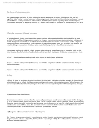 52
SUNBOURNE DEVELOPERS PRIVATE LIMITED Standalone Financial Statements for period 01/04/2019 to 31/03/2020
Key Sources of Estimation uncertainty:
The key assumptions concerning the future and other key sources of estimation uncertainty at the reporting date, that have a
significant risk of causing a material adjustment to the carrying amounts of assets and liabilities within the next financial year, are
described below. Existing circumstances and assumptions about future developments may change due to market changes or
circumstances arising that are beyond the control of the Company. Such changes are reflected in the assumptions when they occur.
i) Fair value measurement of financial instruments
In estimating the fair value of financial assets and financial liabilities, the Company uses market observable data to the extent
available. Where such Level 1 inputs are not available, the Company establishes appropriate valuation techniques and inputs to the
model. The inputs to these models are taken from observable markets where possible, but where this is not feasible, a degree of
judgment is required in establishing fair values. Judgments include considerations of inputs such as liquidity risk, credit risk and
volatility. Changes in assumptions about these factors could affect the reported fair value of financial instruments.
All assets and liabilities for which fair value is measured or disclosed in the financial statements are categorised within the fair
value hierarchy, described as follows, based on the lowest level input that is significant to the fair value measurement as a whole:
• Level 1 - Quoted (unadjusted) market prices in active markets for identical assets or liabilities.
• Level 2 - Valuation techniques for which the lowest level input that is significant to the fair value measurement is directly or
indirectly observable.
• Level 3 - Valuation techniques for which the lowest level input that is significant to the fair value measurement is unobservable.
ii) Taxes
Deferred tax assets are recognised for unused tax credits to the extent that it is probable that taxable profit will be available against
which the credits can be utilised. Significant management judgment is required to determine the amount of deferred tax assets that
can be recognised, based upon the likely timing and the level of future taxable profits together with future tax planning strategies.
iii) Impairment of non-financial assets
Impairment exists when the carrying value of an asset or cash generating unit exceeds its recoverable amount, which is the higher
of its fair value less costs of disposal and its value in use. The fair value less costs of disposal calculation is based on available data
for similar assets or observable market prices less incremental costs for disposing of the asset. The value in use calculation is based
on a discounted future cashflows model. The recoverable amount is sensitive to the discount rate used for the discounted future
cashflows model as well as the expected future cash-inflows and the growth rate used.
vi) Recognition and measurement of provision and contingencies
The Company recognises a provision if it is probable that an outflow of cash or other economic resources will be required to settle
the provision. If an outflow is not probable, the item is treated as a contingent liability. Risks and uncertainties are taken into
account in measuring a provision
 