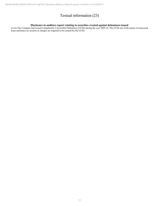 12
ADANI DEVELOPERS PRIVATE LIMITED Standalone Balance Sheet for period 01/04/2011 to 31/03/2012
Textual information (23)
Disclosure in auditors report relating to securities created against debentures issued
(xviii) The Company had issued Compulsorily Convertible Debentures (CCDs) during the year 2009-10. The CCDs are of the nature of unsecured
loans and hence no security or charges are required to be created for the CCDs.
 
