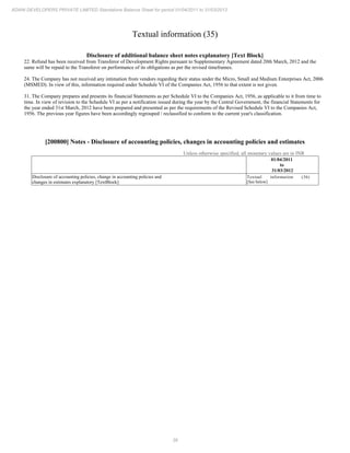 38
ADANI DEVELOPERS PRIVATE LIMITED Standalone Balance Sheet for period 01/04/2011 to 31/03/2012
Textual information (35)
Disclosure of additional balance sheet notes explanatory [Text Block]
22. Refund has been received from Transferor of Development Rights pursuant to Supplementary Agreement dated 20th March, 2012 and the
same will be repaid to the Transferor on performance of its obligations as per the revised timeframes.
24. The Company has not received any intimation from vendors regarding their status under the Micro, Small and Medium Enterprises Act, 2006
(MSMED). In view of this, information required under Schedule VI of the Companies Act, 1956 to that extent is not given.
31. The Company prepares and presents its financial Statements as per Schedule VI to the Companies Act, 1956, as applicable to it from time to
time. In view of revision to the Schedule VI as per a notification issued during the year by the Central Government, the financial Statements for
the year ended 31st March, 2012 have been prepared and presented as per the requirements of the Revised Schedule VI to the Companies Act,
1956. The previous year figures have been accordingly regrouped / reclassified to conform to the current year's classification.
[200800] Notes - Disclosure of accounting policies, changes in accounting policies and estimates
Unless otherwise specified, all monetary values are in INR
01/04/2011
to
31/03/2012
Disclosure of accounting policies, change in accounting policies and
changes in estimates explanatory [TextBlock]
Textual information (36)
[See below]
 