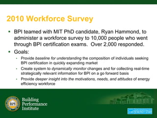 2010 Workforce Survey
 BPI teamed with MIT PhD candidate, Ryan Hammond, to
  administer a workforce survey to 10,000 people who went
  through BPI certification exams. Over 2,000 responded.
 Goals:
   • Provide baseline for understanding the composition of individuals seeking
     BPI certification in quickly expanding market
   • Create system to dynamically monitor changes and for collecting real-time
     strategically relevant information for BPI on a go forward basis
   • Provide deeper insight into the motivations, needs, and attitudes of energy
     efficiency workforce
 
