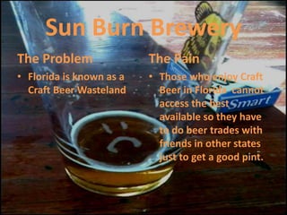 Sun Burn Brewery The Problem Florida is known as a Craft Beer Wasteland The Pain Those who enjoy Craft Beer in Florida  cannot access the best available so they have to do beer trades with friends in other states just to get a good pint. 