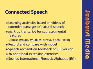 Connected Speech,[object Object],Learning activities based on videos of extended passages of natural speech,[object Object],Mark up transcript for suprasegmental features,[object Object],Pause groups, syllables, stress, pitch, linking,[object Object],Record and compare with model ,[object Object],Speech recognition feedback on CD version,[object Object],36 additional extension exercises,[object Object],Sounds–International Phonetic Alphabet (IPA),[object Object]