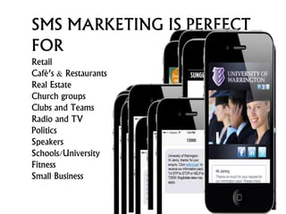 SMS MARKETING IS PERFECT
FOR
Retail
Café’s & Restaurants
Real Estate
Church groups
Clubs and Teams
Radio and TV
Politics
Speakers
Schools/University
Fitness
Small Business
 