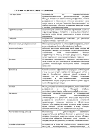 СЛОВАРЬ АКТИВНЫХ ИНГРЕДИЕНТОВ
Гель Алоэ Вера Используется как обеззараживающее,
противовоспалительное ранозаживляющее средство.
Обладая мгновенным обезболивающим эффектом, снимает
раздражения и покраснения, отлично успокаивает кожу
после ожогов и порезов. Заживляет (восстанавливает) ее,
глубоко увлажняет, обогащая витаминами, аминокислотами
и другими ценными минералами
Пропиленгликоль Увлажняющий компонент, помогает притягивать влагу из
окружающей среды и поставлять ее в кожу, также помогает
доставить в кожу другие содержащиеся в креме активные
компоненты.
Глицерин Натуральный увлажняющий комплекс для регуляции
содержания воды в роговом слое
Этиловый спирт денатурированный Обезжиривающий агент и антимикробное средство, играет
роль охлаждающей и антибактериальной добавки.
Масло ши (карите) Обладает высокими защитными свойствами против УФ
облучения. Смягчает, разглаживает и повышает упругость и
эластичность кожи, восстанавливает функции
гидролипидной пленки, снимает раздражение. Хорошо
питает и увлажняет кожу, замедляя процесс старения
Аргинин Незаменимая аминокислота, оказывает противоотечное,
антисептическое, рассасывающее и противовоспалительное
действие. Способствует поглощению кожей кислорода,
увлажняет.
Витамин Е Самый важный и эффективный природный антиоксидант,
очень хорошо питает и увлажняет кожу, делая мягкой и
упругой. Способствует усвоению кожей витамина А,
защищая его от окисления. Обладает отличными
защитными и восстанавливающими свойствами.
Обеспечивает защиту от ультрафиолетовых лучей и других
влияний окружающей среды.
Ментол Охлаждающее и тонизирующее средство, позволяет снизить
раздражение и зуд. Обладает слабыми
местноанестизирующими свойствами, слабый антисептик.
Бисаболол Известный противовоспалительный и успокаивающий
компонент. Обладает ранозаживляющим,
антибактериальным действием. Уменьшает покраснение,
раздражение, способствует рассасыванию воспалений,
предотвращает появление эритемы от УФ-облучения.
Снижает образование меланина в клетках кожи, делая ее
более светлой. Глубоко проникает в кожу, обладает
высокой активностью даже при минимальных дозах.
Ксантановая камедь (смола) Полисахарид с увлажняющими свойствами
продолжительного действия. Смягчает и увлажняет кожу,
создавая тончайшую защитную пленку, которая обладает
лифтинговым эффектом, сокращает поры, защищает от
повреждающих воздействий, делая кожу гладкой и нежной.
Этилгексилглицерин Используется в качестве стабилизатора, антиоксиданта.
Обладает антимикробными, дезодорирующими и
 