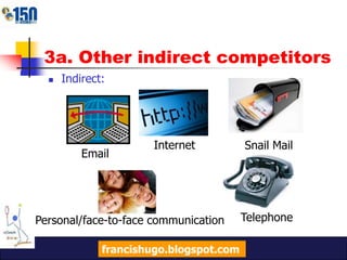 3a. Other indirect competitorsIndirect: InternetSnail MailEmailTelephonePersonal/face-to-face communicationfrancishugo.blogspot.com