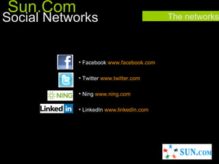 Sun.Com
Social Networks                          The networks




           • Facebook www.facebook.com

           • Twitter www.twitter.com

           • Ning www.ning.com

           • LinkedIn www.linkedIn.com
 