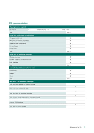 11Get covered for life
TPD insurance calculator
Ongoing income required
You require $ 	 per annum (pa) for 	 years total =
Total Total =
Lump sum to eliminate or reduce debt
Mortgage (residence) 	 $
Mortgage (investment properties) 	 $
Shares or other investments 	 $
Personal loans 	 $
Credit cards 	 $
Total Total =
Lump sum for additional expenses
Medical expenses 	 $
Lifestyle and home modification costs 	 $
Cost of a carer 	 $
Total Total =
Assets that could be converted to cash
Investments 	 $
Shares 	 $
Other 	 $
Total Total =
How much TPD insurance is enough?
Total lump sum required for ongoing income
+
Total lump sum to eliminate debt
+
Total lump sum for additional expenses
–
Total value of assets that could be converted to cash
–
Existing TPD insurance
=
Total TPD insurance shortfall
 