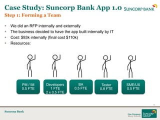 Case Study: Suncorp Bank App 1.0
Step 1: Forming a Team

   We did an RFP internally and externally
   The business decided to have the app built internally by IT
   Cost: $93k internally (final cost $110k)
   Resources:




          PM / IM       Developers         BA           Tester    SME/UX
          0.5 FTE          1 FTE        0.5 FTE        0.8 FTE    0.5 FTE
                        2 x 0.5 FTE


                                                                            13


Suncorp Bank
 