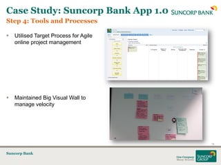 Case Study: Suncorp Bank App 1.0
Step 4: Tools and Processes

   Utilised Target Process for Agile
    online project management




   Maintained Big Visual Wall to
    manage velocity




                                        19


Suncorp Bank
 