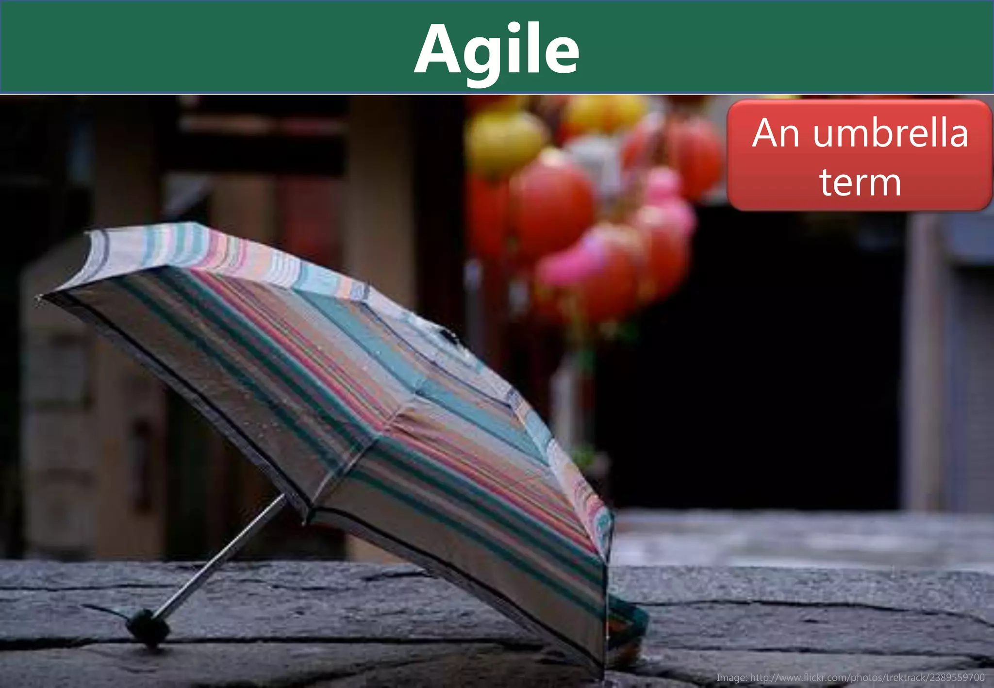 Agile
               An umbrella
                  term




        Image: http://www.flickr.com/photos/trektrack/2389559700
 