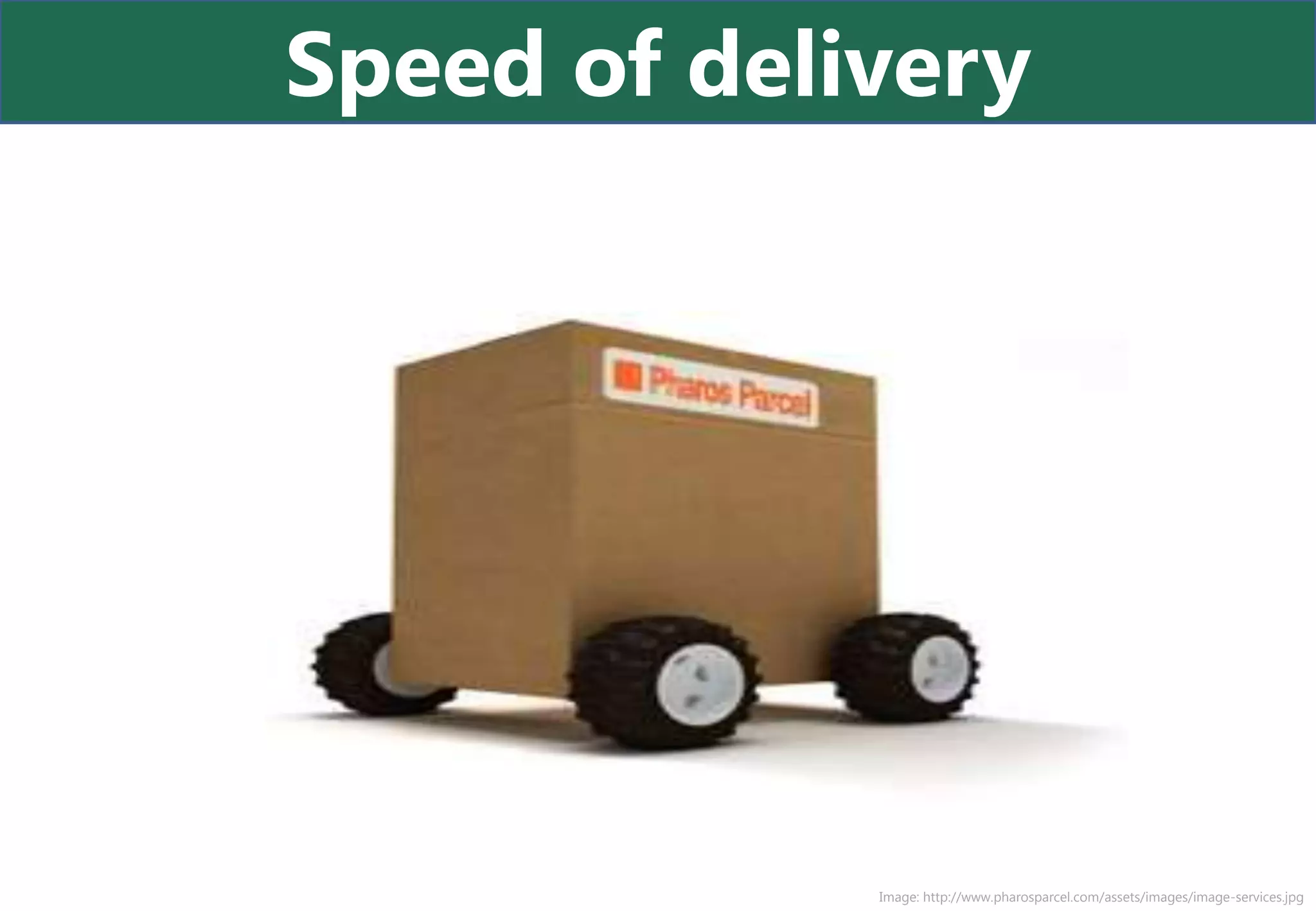 Speed of delivery




             Image: http://www.pharosparcel.com/assets/images/image-services.jpg
 