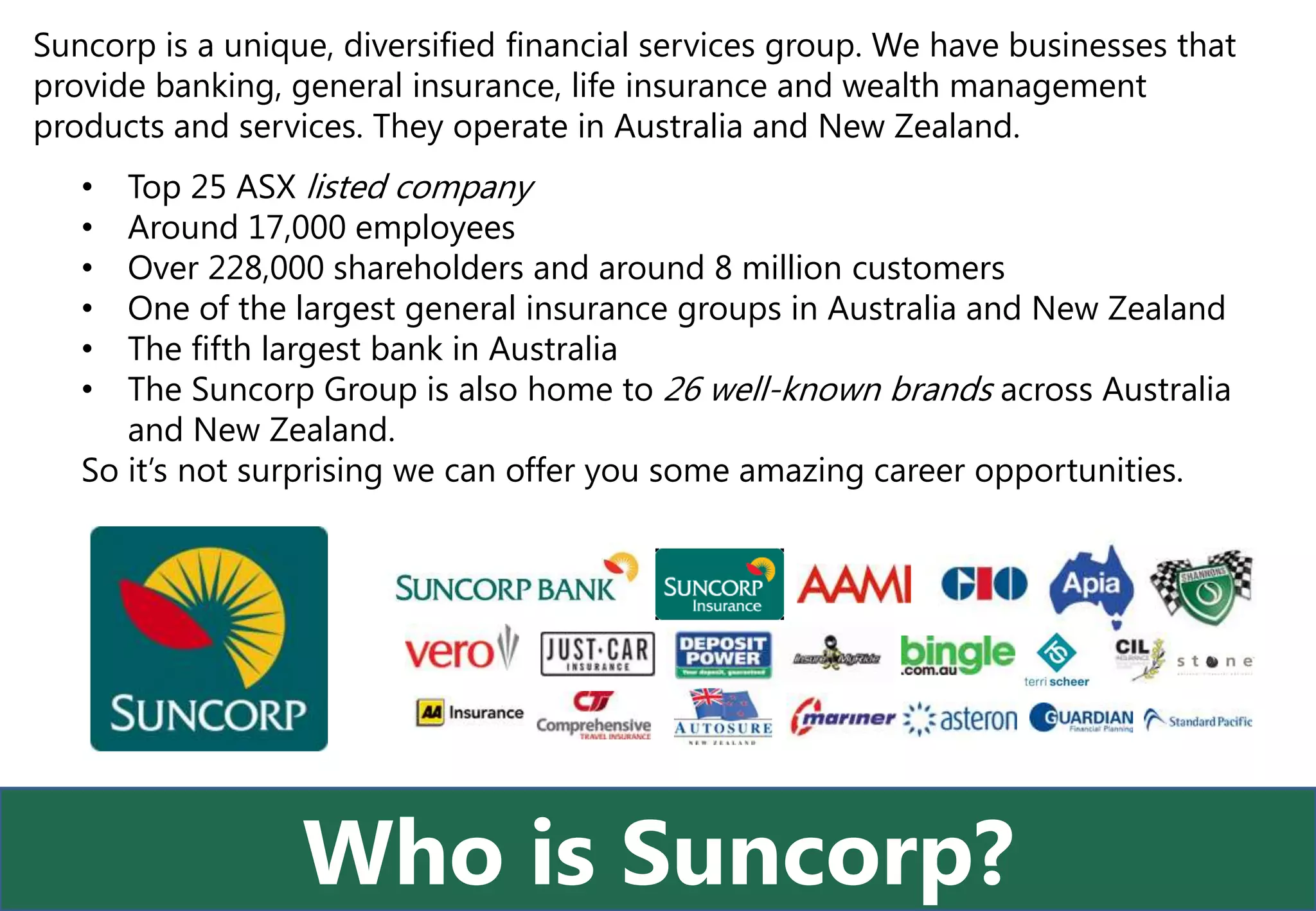Suncorp is a unique, diversified financial services group. We have businesses that
provide banking, general insurance, life insurance and wealth management
products and services. They operate in Australia and New Zealand.
   •  Top 25 ASX listed company
   •  Around 17,000 employees
   •  Over 228,000 shareholders and around 8 million customers
   •  One of the largest general insurance groups in Australia and New Zealand
   •  The fifth largest bank in Australia
   •  The Suncorp Group is also home to 26 well-known brands across Australia
      and New Zealand.
   So it’s not surprising we can offer you some amazing career opportunities.




                  Who is Suncorp?
 