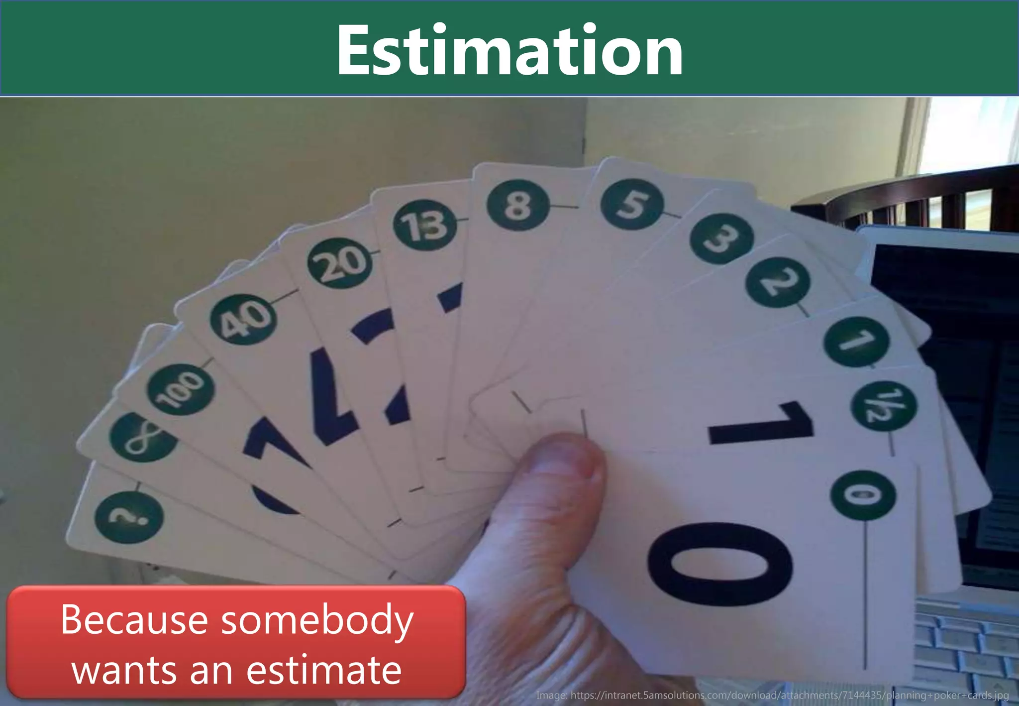 Estimation




Because somebody
wants an estimate   Image: https://intranet.5amsolutions.com/download/attachments/7144435/planning+poker+cards.jpg
 