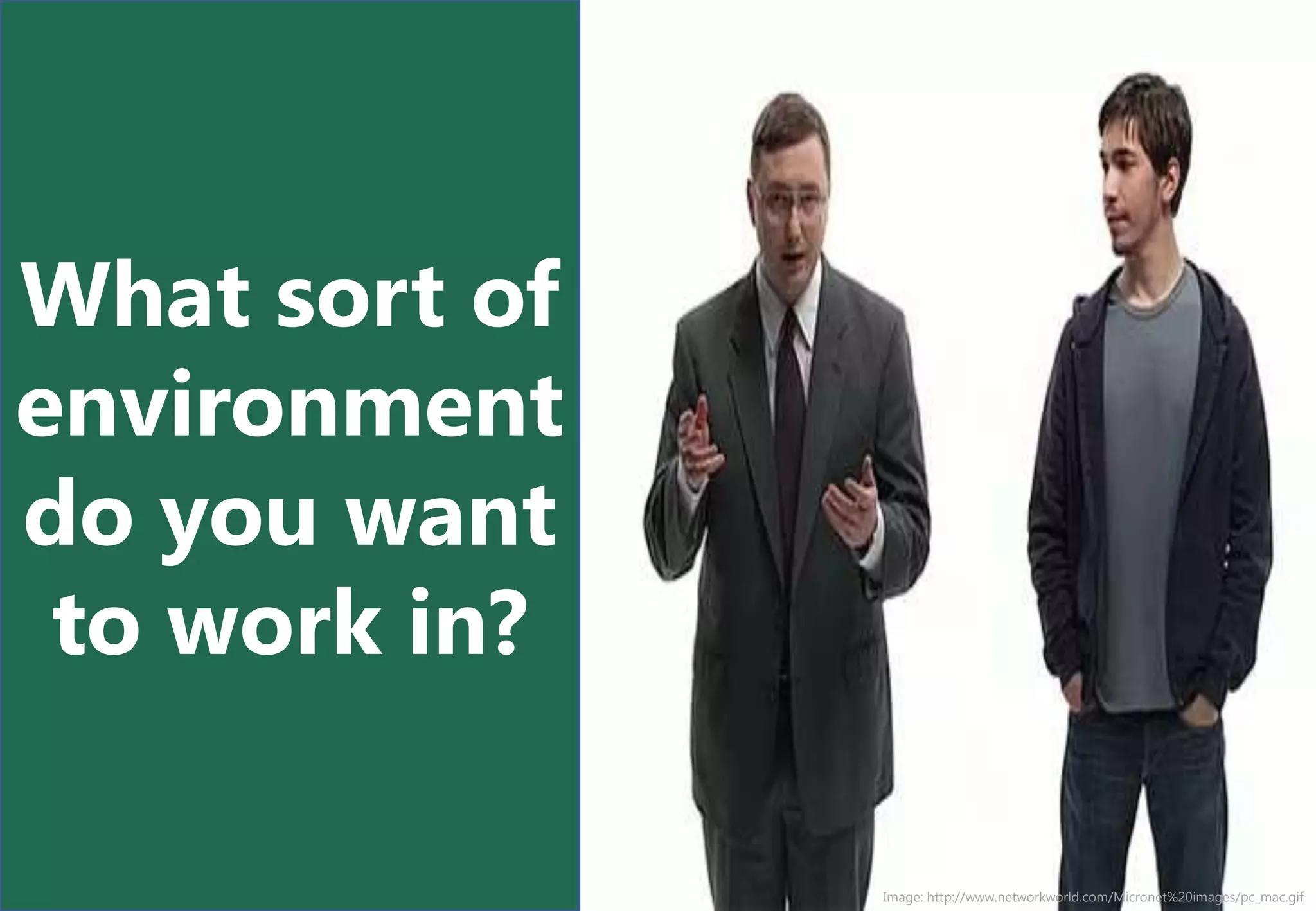 What sort of
environment
do you want
 to work in?

               Image: http://www.networkworld.com/Micronet%20images/pc_mac.gif
 