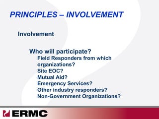 Involvement
Who will participate?
Field Responders from which
organizations?
Site EOC?
Mutual Aid?
Emergency Services?
Other industry responders?
Non-Government Organizations?
PRINCIPLES – INVOLVEMENT
 