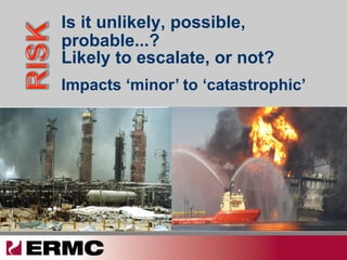 Is it unlikely, possible,
probable...?
Impacts ‘minor’ to ‘catastrophic’
Likely to escalate, or not?
 