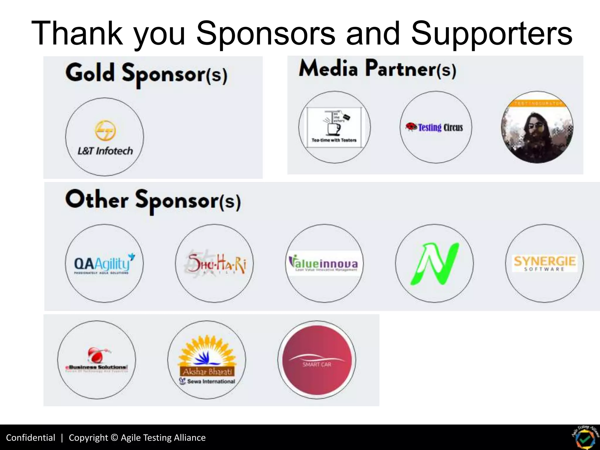Confidential | Copyright © Agile Testing Alliance
Thank you Sponsors and Supporters
 