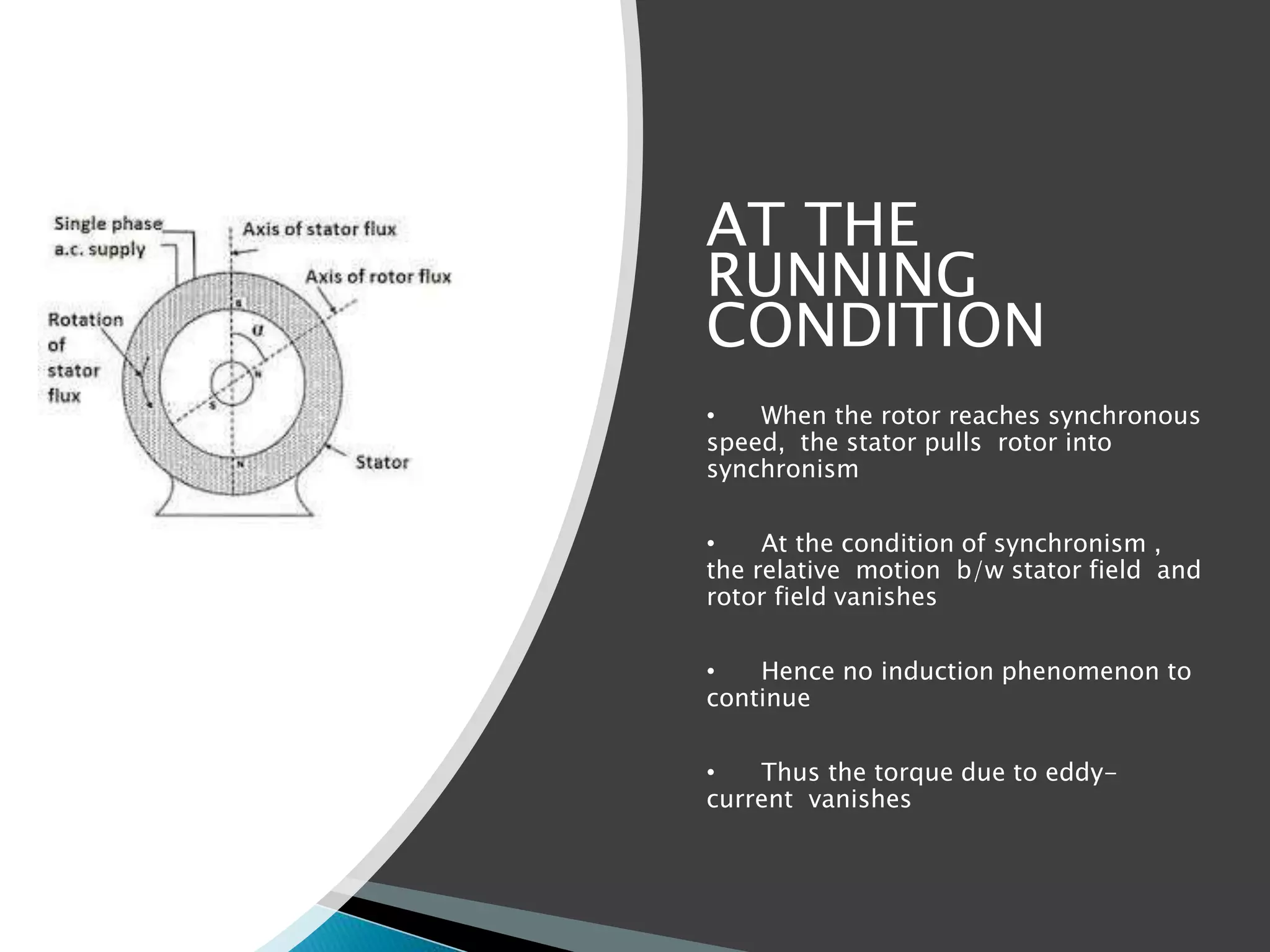 AT THE
RUNNING
CONDITION
• When the rotor reaches synchronous
speed, the stator pulls rotor into
synchronism
• At the condition of synchronism ,
the relative motion b/w stator field and
rotor field vanishes
• Hence no induction phenomenon to
continue
• Thus the torque due to eddy-
current vanishes
 