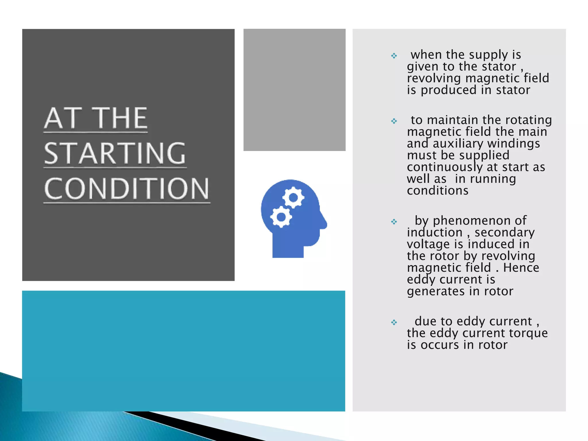  when the supply is
given to the stator ,
revolving magnetic field
is produced in stator
 to maintain the rotating
magnetic field the main
and auxiliary windings
must be supplied
continuously at start as
well as in running
conditions
 by phenomenon of
induction , secondary
voltage is induced in
the rotor by revolving
magnetic field . Hence
eddy current is
generates in rotor
 due to eddy current ,
the eddy current torque
is occurs in rotor
 