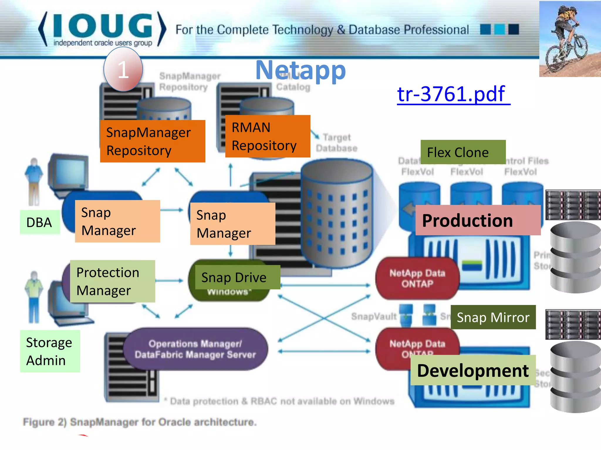 SnapManager 
Repository 
Snap 
Manager 
Protection 
Manager 
Snap 
Manager 
Snap Drive 
Flex Clone 
Snap Mirror 
RMAN 
Repository 
Production 
Development 
DBA 
Storage 
Admin 
1 
tr-3761.pdf 
Netapp 
 