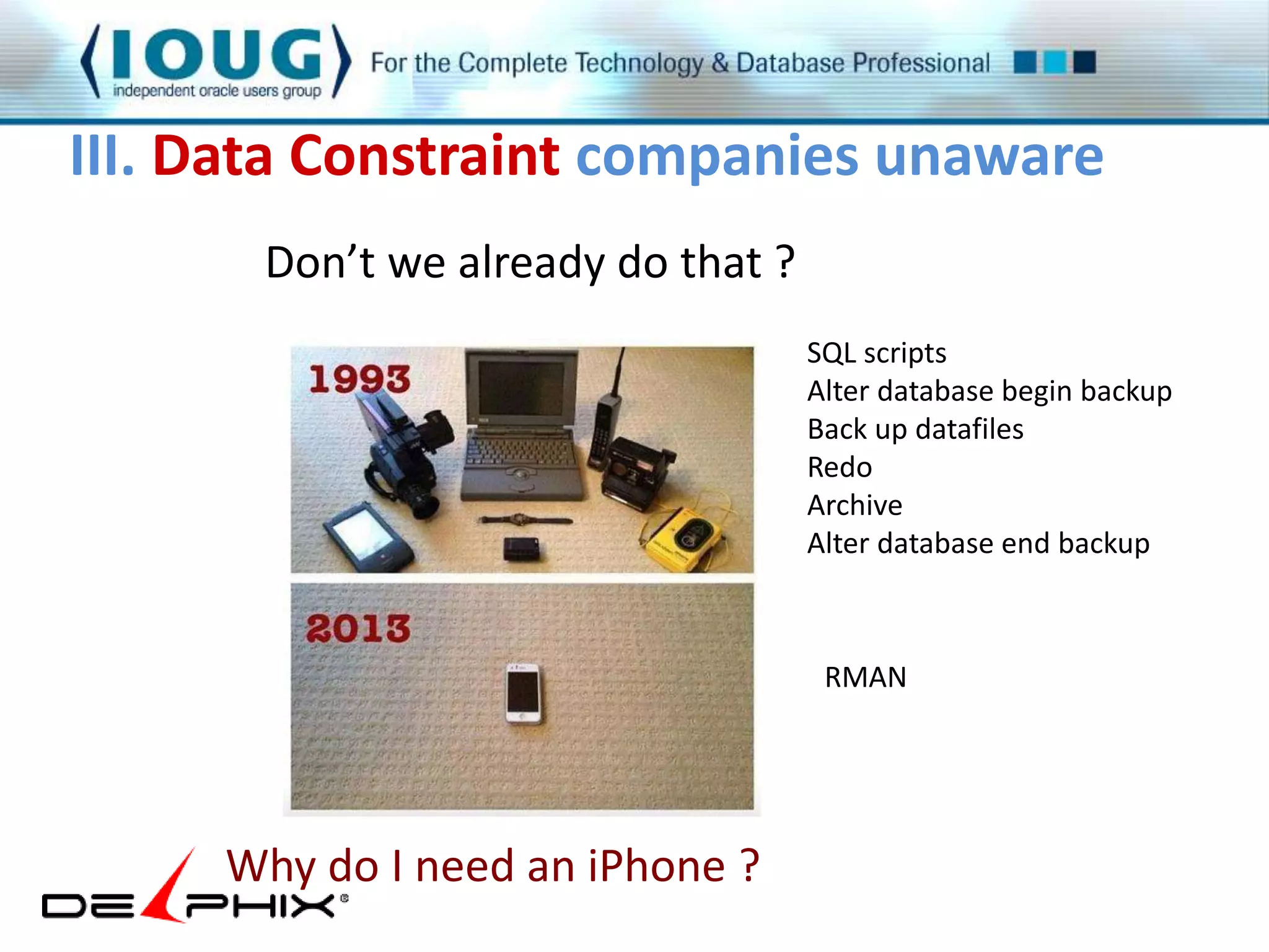 III. Data Constraint companies unaware 
Don’t we already do that ? 
Why do I need an iPhone ? 
SQL scripts 
Alter database begin backup 
Back up datafiles 
Redo 
Archive 
Alter database end backup 
RMAN 
 