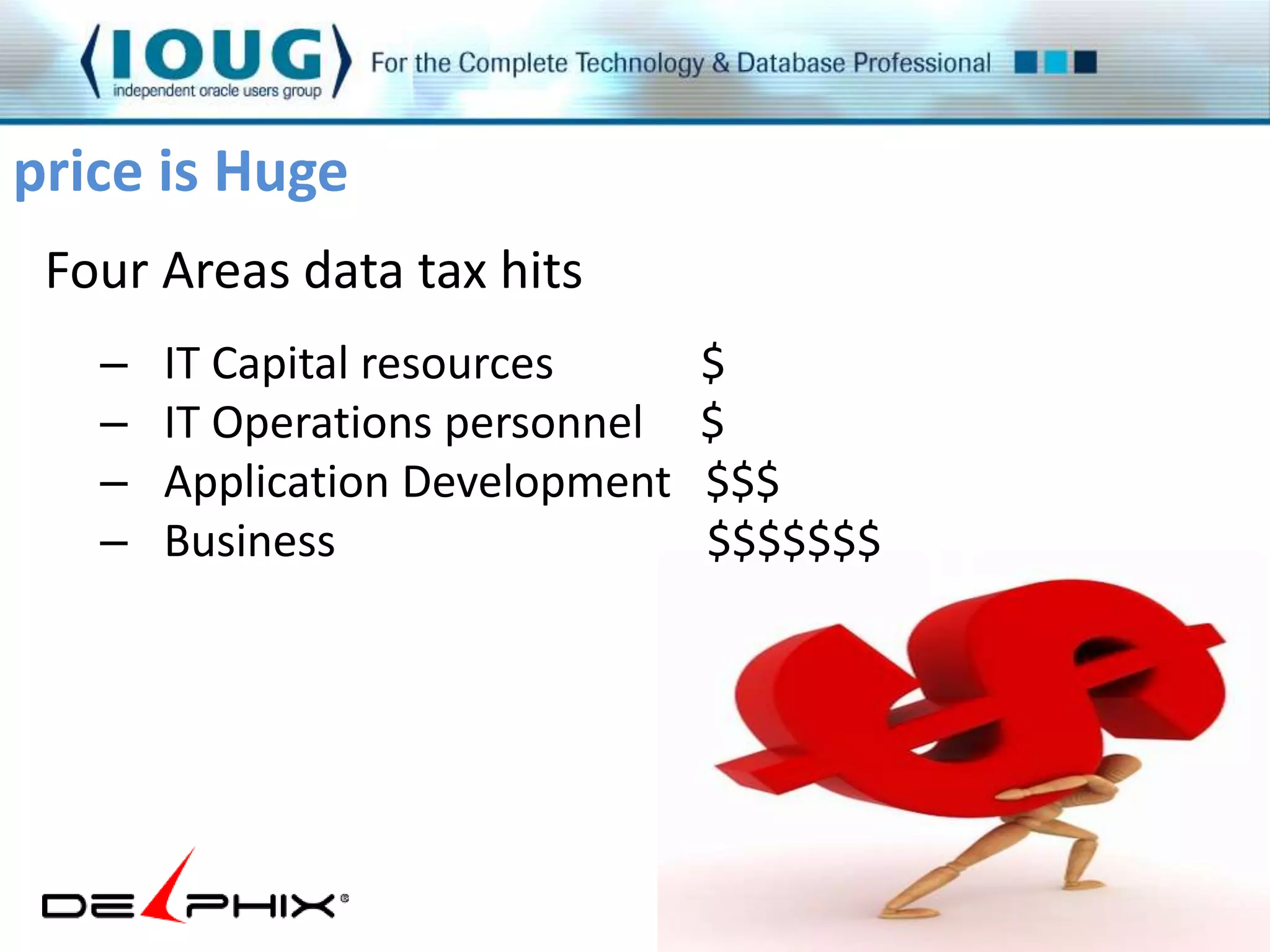 price is Huge 
Four Areas data tax hits 
– IT Capital resources $ 
– IT Operations personnel $ 
– Application Development $$$ 
– Business $$$$$$$ 
 