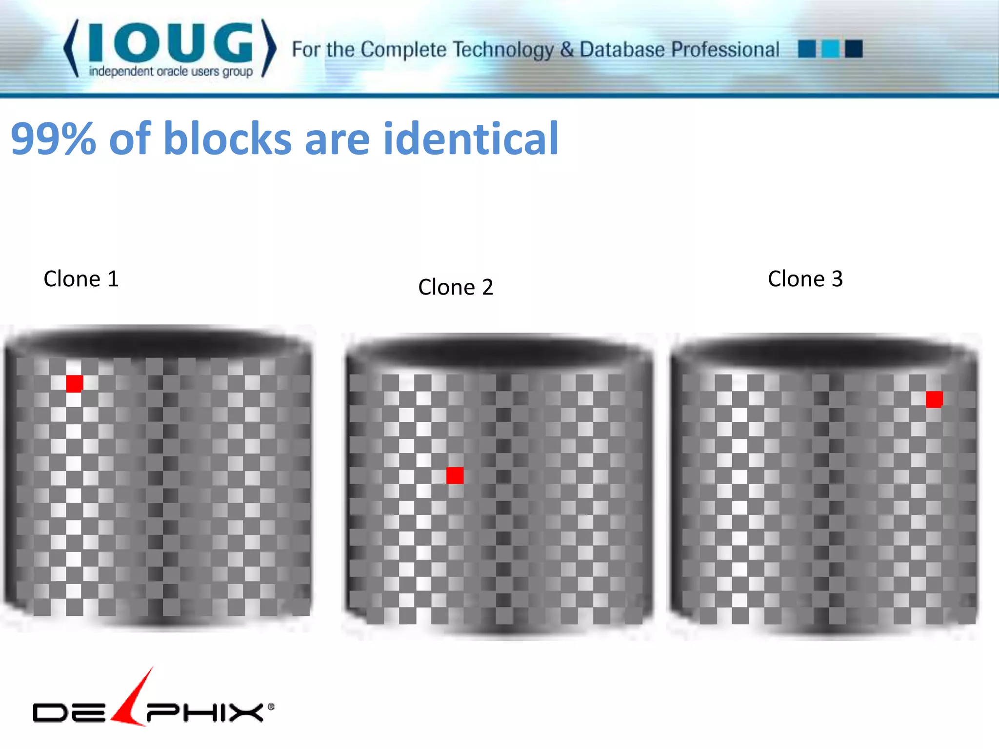 99% of blocks are identical 
Clone 1 Clone 2 Clone 3 
 