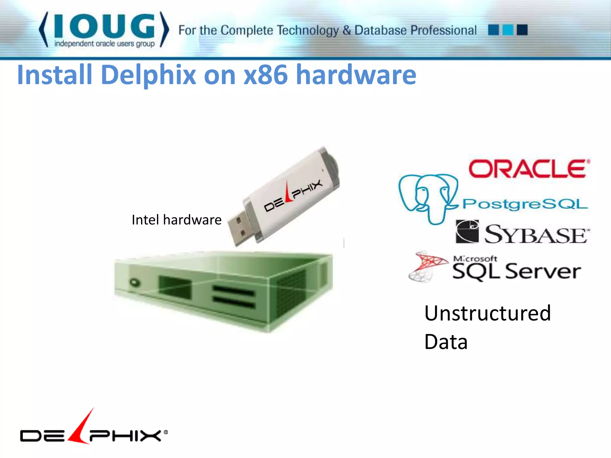 Intel hardware 
Unstructured 
Data 
Install Delphix on x86 hardware 
 