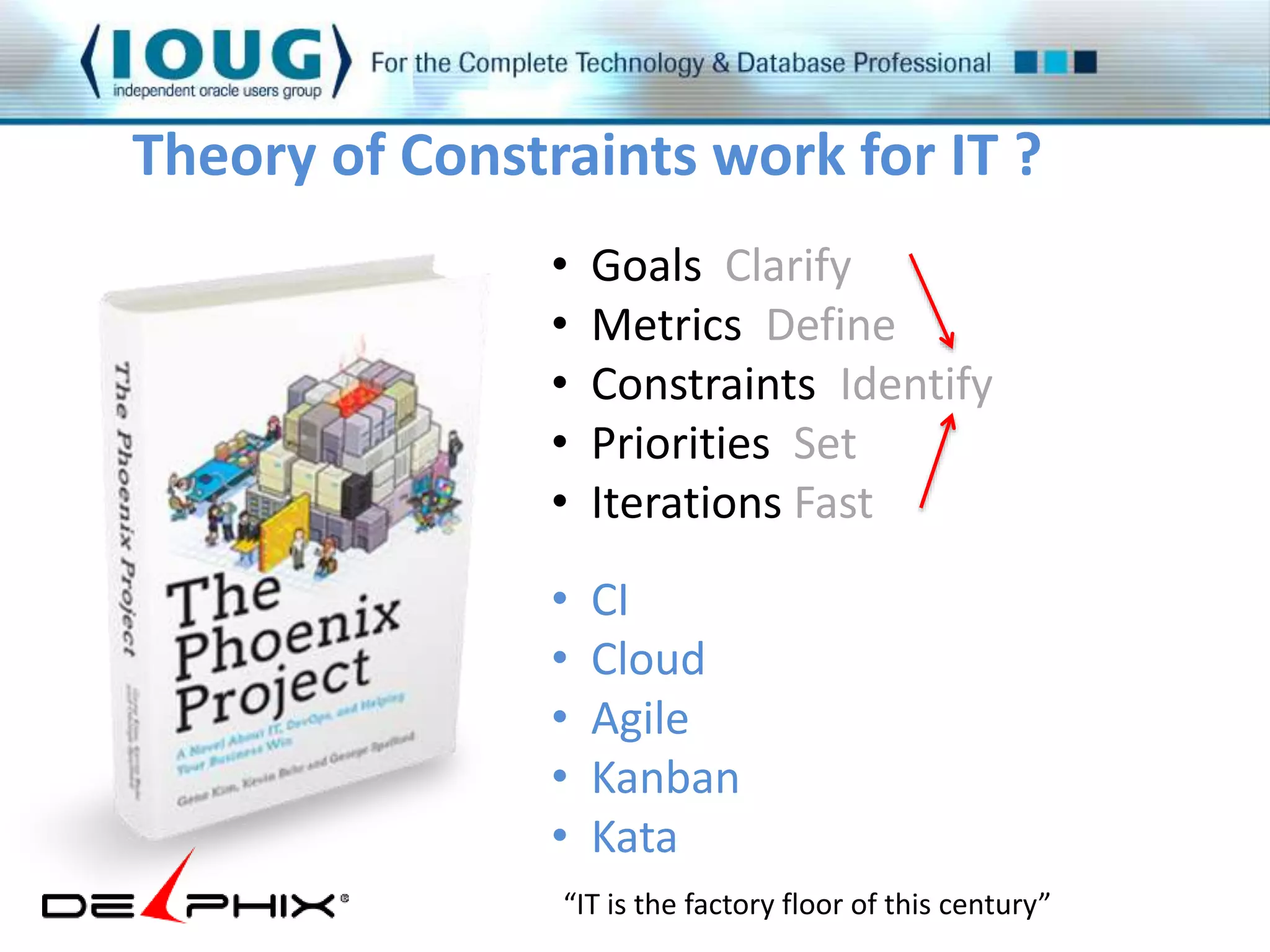 Theory of Constraints work for IT ? 
• Goals Clarify 
• Metrics Define 
• Constraints Identify 
• Priorities Set 
• Iterations Fast 
• CI 
• Cloud 
• Agile 
• Kanban 
• Kata 
“IT is the factory floor of this century” 
 