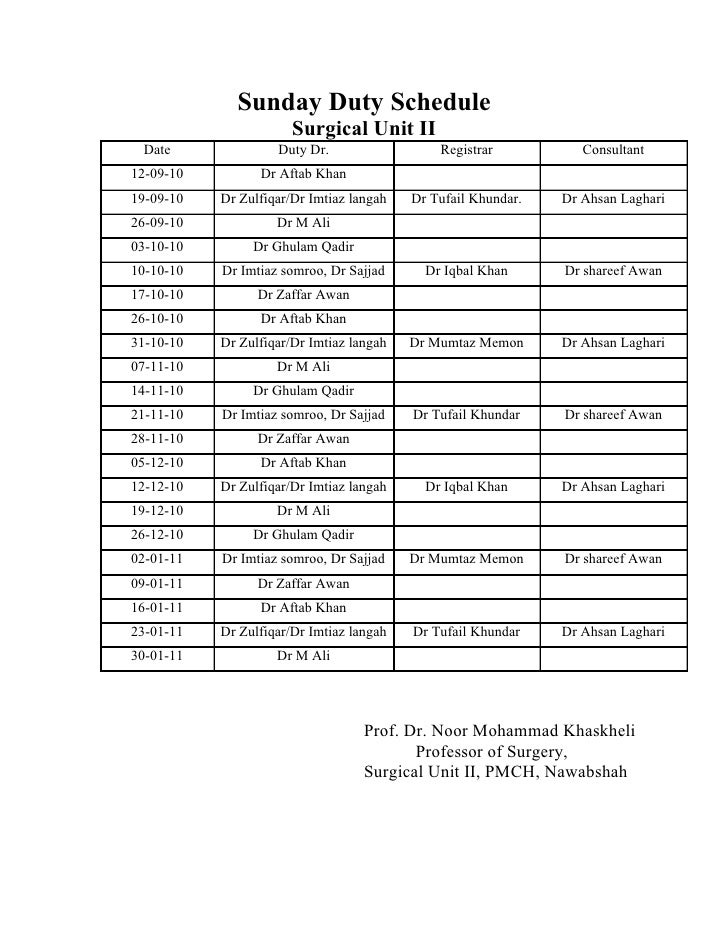 Sunday Duty Schedule