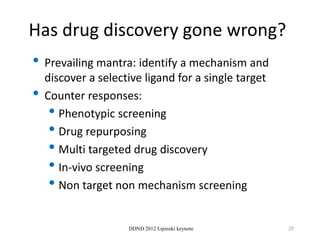 Has drug discovery gone wrong?
• Prevailing mantra: identify a mechanism and
    discover a selective ligand for a single target
•   Counter responses:
     • Phenotypic screening
     • Drug repurposing
     • Multi targeted drug discovery
     • In-vivo screening
     • Non target non mechanism screening

                     DDND 2012 Lipinski keynote       29
 