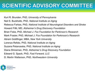 SCIENTIFIC ADVISORY COMMITTEE

  SCIENTIFIC ADVISORY COMMITTEE
Kurt R. Brunden, PhD, University of Pennsylvania
Neil S. Buckholtz, PhD, National Institute on Aging
Rebecca Farkas, PhD, National Institute of Neurological Disorders and Stroke
Howard Fillit, MD, Alzheimer’s Drug Discovery Foundation
Brian Fiske, PhD, Michael J. Fox Foundation for Parkinson’s Research
Mark Frasier, PhD, Michael J. Fox Foundation for Parkinson’s Research
Abram Goldfinger, MBA, New York University
Lorenzo Refolo, PhD, National Institute on Aging
Suzana Petanceska, PhD, National Institute on Aging
Diana Shineman, PhD, Alzheimer’s Drug Discovery Foundation
Edward G. Spack, PhD, Fast Forward, LLC
D. Martin Watterson, PhD, Northwestern University
 
