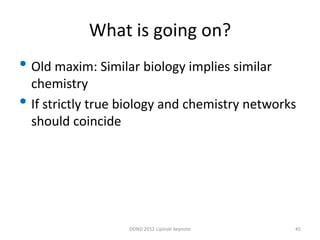 What is going on?
• Old maxim: Similar biology implies similar
    chemistry
•   If strictly true biology and chemistry networks
    should coincide




                     DDND 2012 Lipinski keynote   45
 