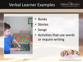 Verbal Learner Examples
• Books
• Stories
• Songs
• Activities that use words
or require writing
 