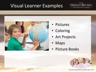 Visual Learner Examples
• Pictures
• Coloring
• Art Projects
• Maps
• Picture Books
 