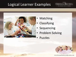Logical Learner Examples
• Matching
• Classifying
• Sequencing
• Problem Solving
• Puzzles
 
