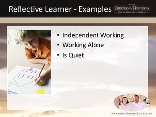 Reflective Learner - Examples
• Independent Working
• Working Alone
• Is Quiet
 