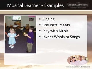 Musical Learner - Examples
• Singing
• Use Instruments
• Play with Music
• Invent Words to Songs
 