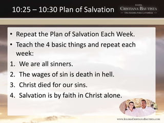 10:25 – 10:30 Plan of Salvation
• Repeat the Plan of Salvation Each Week.
• Teach the 4 basic things and repeat each
week:
1. We are all sinners.
2. The wages of sin is death in hell.
3. Christ died for our sins.
4. Salvation is by faith in Christ alone.
 