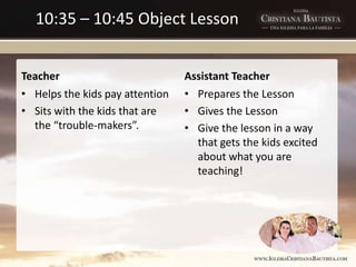 10:35 – 10:45 Object Lesson
Teacher
• Helps the kids pay attention
• Sits with the kids that are
the “trouble-makers”.
Assistant Teacher
• Prepares the Lesson
• Gives the Lesson
• Give the lesson in a way
that gets the kids excited
about what you are
teaching!
 