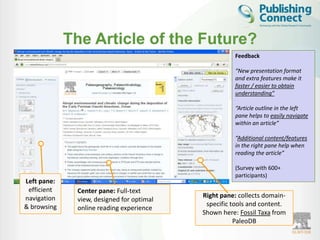 The Article of the Future?
                                                     Feedback

                                                     “New presentation format
                                                     and extra features make it
                                                     faster / easier to obtain
                                                     understanding”

                                                     “Article outline in the left
                                                     pane helps to easily navigate
                                                     within an article”

                                                     “Additional content/features
                                                     in the right pane help when
                                                     reading the article”

                                                     (Survey with 600+
                                                     participants)
Left pane:
 efficient    Center pane: Full-text
navigation                                 Right pane: collects domain-
              view, designed for optimal
& browsing                                  specific tools and content.
              online reading experience
                                           Shown here: Fossil Taxa from
                                                      PaleoDB
 