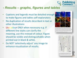 - Results – graphs, figures and tables

• Captions and legends must be detailed enough
  to make figures and tables self-explanatory
• No duplication of results described in text or
  other illustrations
• Use colour ONLY when necessary e.g. if
  different line styles can clarify the
  meaning, use this instead of colour. Figure
  should be visible and distinguishable when
  printed out in black & white.
• Do NOT ‘selectively adjust’ any image to
  enhance visualization of results.
 