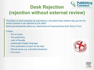 Desk Rejection
   (rejection without external review)
The Editor-in-chief evaluates all submissions, and determines whether they go into the
review process or are rejected by the editor
Some journal specific policy e.g. Geochimica et Cosmochimica Acta “Rule of Two”

Criteria
  – Out of scope
  – Too preliminary
  – Lack of Novelty
  – Inadequate English language
  – Prior publication of (part of) the data
  – Ethical issues e.g. submitted elsewhere
  – And more...
 