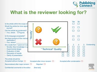 What is the reviewer looking for?
                                                                                                Yes    No
Is the article within the scope of the journal?
Would the article be more appropriately published in a specialist
   journal?
Can the article be condensed?       “ Novelty”
• If so, where:        Figures       Figure legends     Tables        Text

Is the language acceptable?
Are there portions of the manuscripts which require further
  clarification?
• If so, where? ________________
On a scale from 1 (poor) to 5 (outstanding), how do you rate                 Poor   1     2      3      4     5   Outstanding
• Novelty, New knowledge in xyz
• Experimental design                             “ Technical”        Quality
• Evaluation of data
• Discussion of results
• Clarity of presentation

The article should be
Accepted without change               Accepted after minor revision             Accepted after condensation
Reconsidered after major revision                   Rejected

Confidential comments to the editor:             [free text]
 