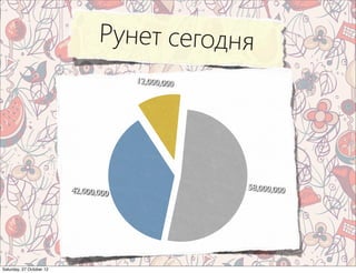 Рунет сегодня
                                       12,000,000




                          42,000,000                58,000,000




Saturday, 27 October 12
 